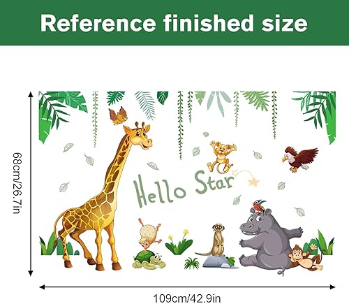 Miniatura 7 de Supzone Calcomanías de pared de animales de la selva, diseño de animales de dibujos animados, jirafa, hipopótamo, mono, plantas verdes, calcomanía