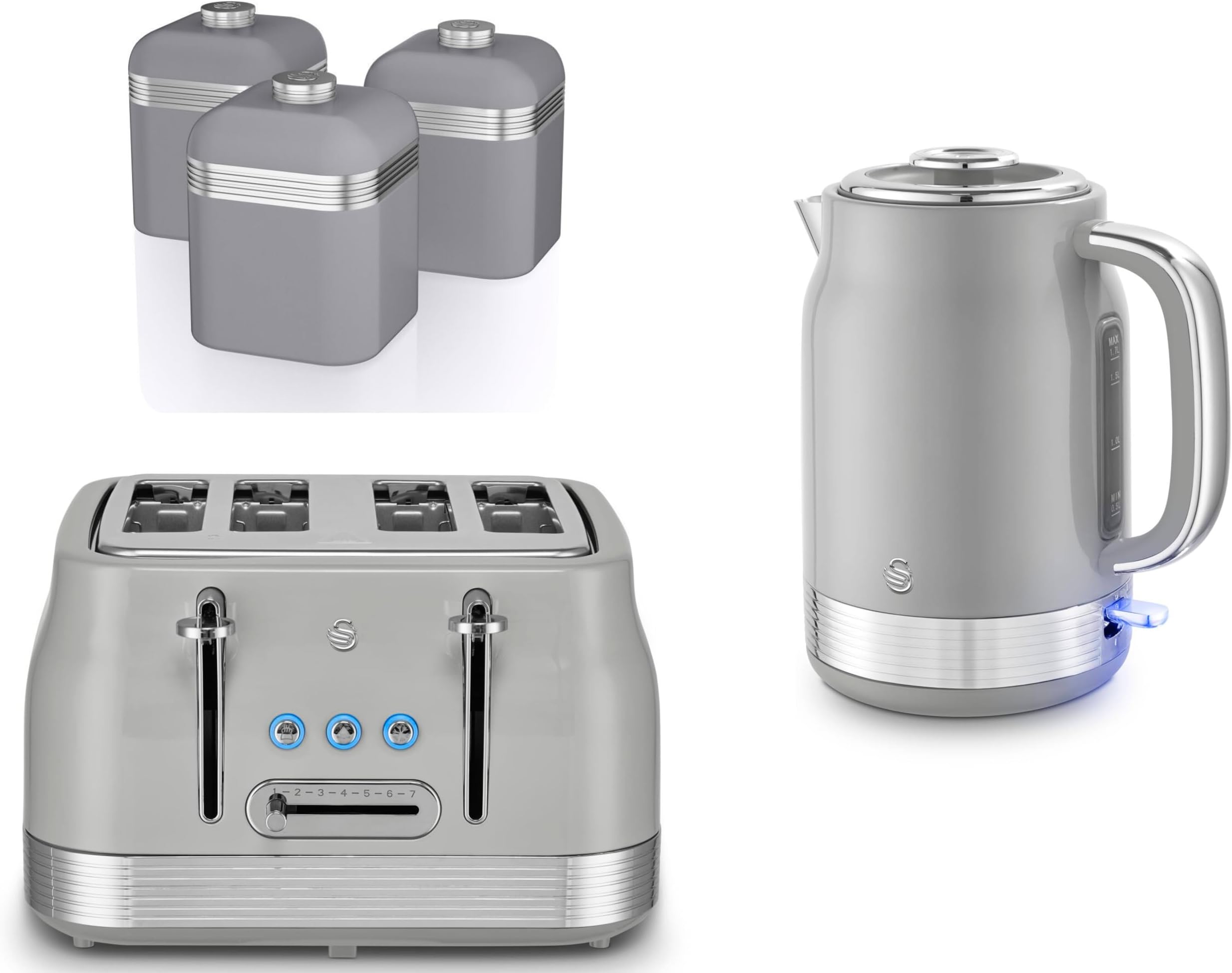 Swan Retro Revive Grey 1.7L 3KW Jug Kettle, 4 Slice Toaster and Retro Canisters. Matching Retro Design Kitchen Set in Grey with Chrome Accents