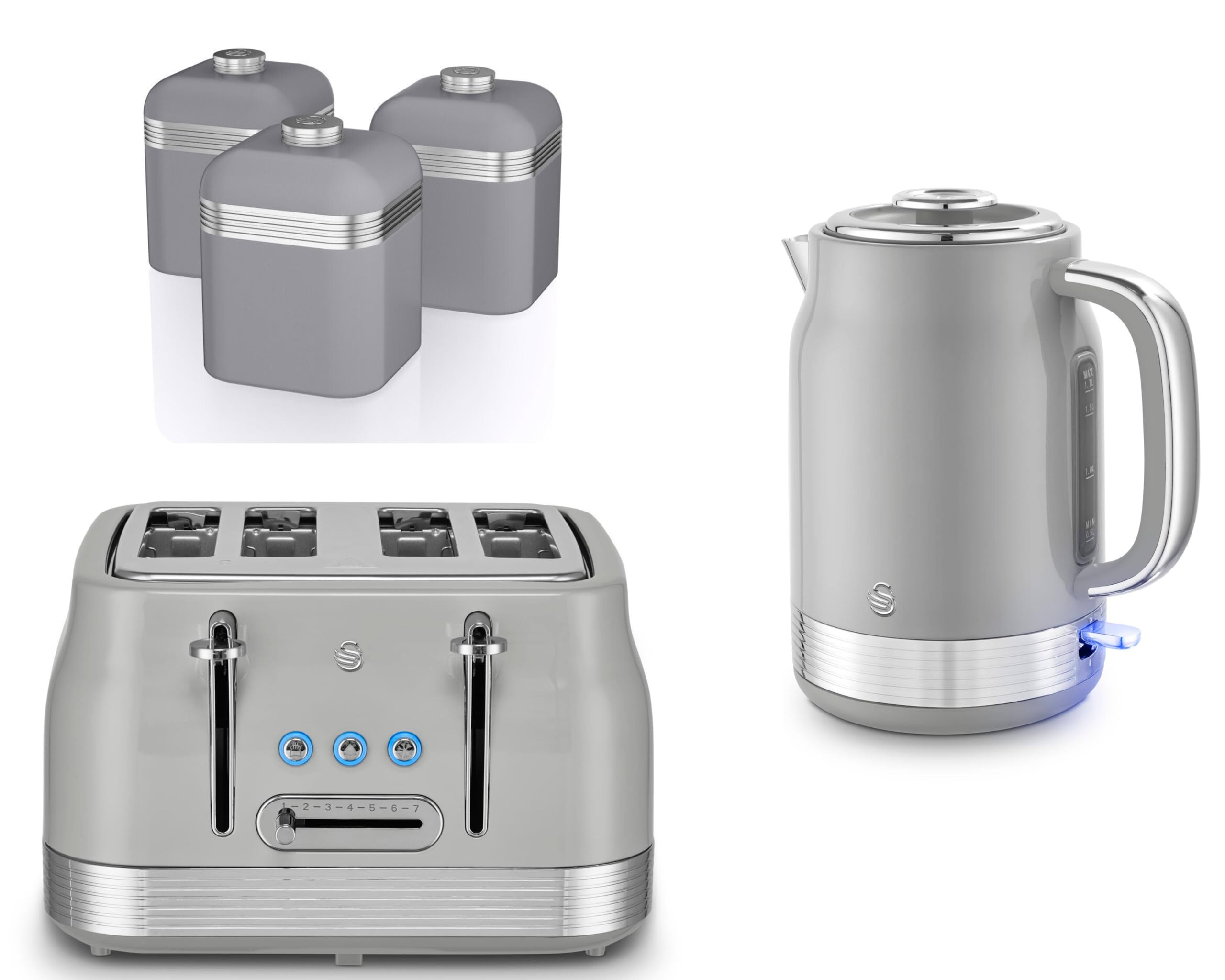 Swan Retro Revive Grey 1.7L 3KW Jug Kettle, 4 Slice Toaster and Retro Canisters. Matching Retro Design Kitchen Set in Grey with Chrome Accents