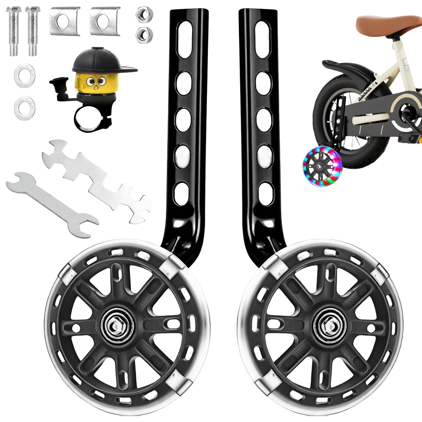 Ruote di Supporto per Bicicletta,Ruote di Supporto Regolabili per Biciclette,Rotelle Universali Bici,con Ruote di Sicurezza Luminose,Bicicletta Stabilizzatori Laterali Bici,per 12-20 Pollici