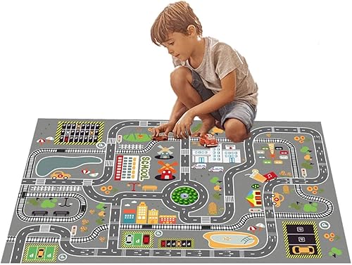 Miniatura 8 de Alfombra de juego para automóvil, ideal para jugar con autos y juguetes, alfombra de sala de juegos para niños con respaldo de goma, área de juegos