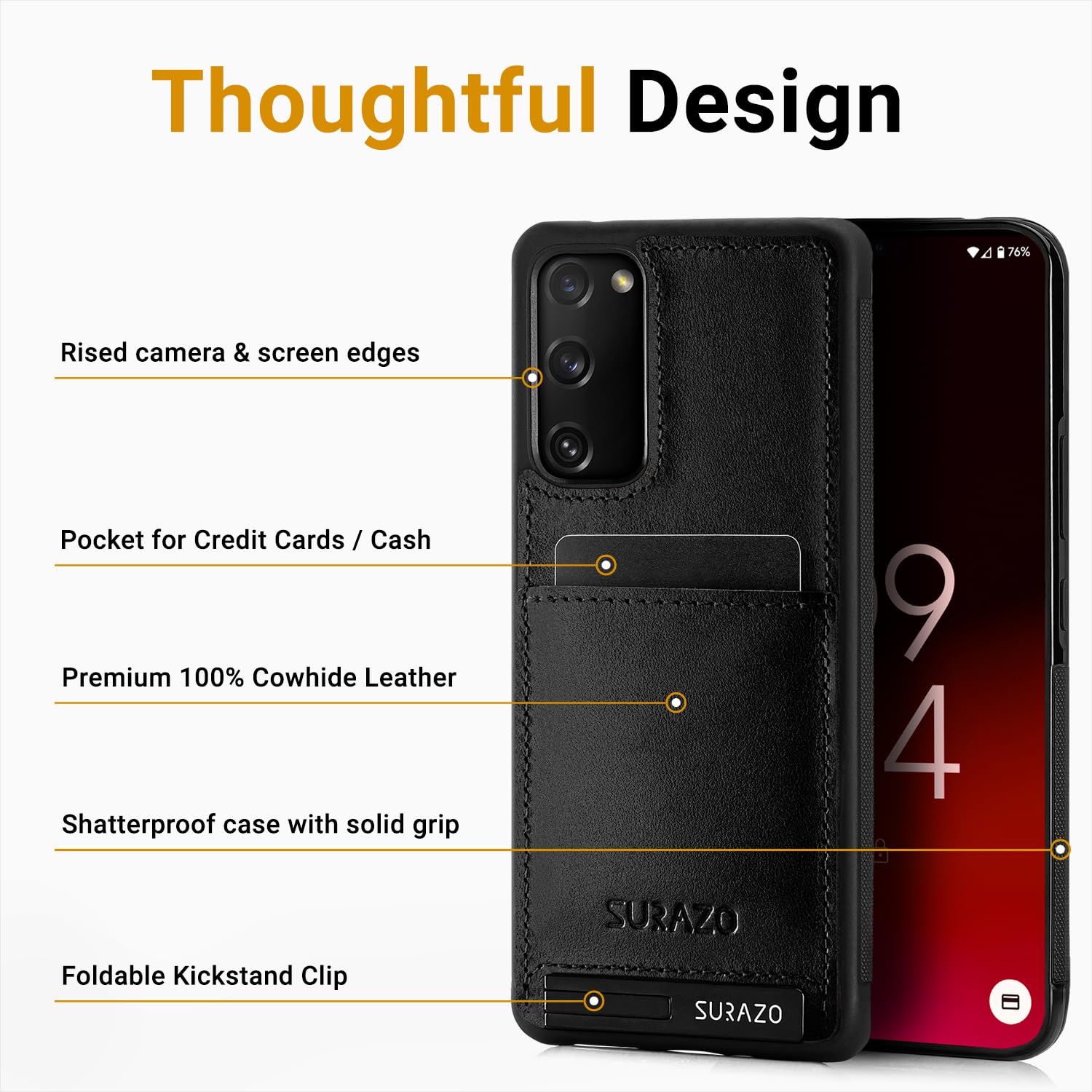 SURAZO Etui na telefon komórkowy Samsung Galaxy S20 FE 5G z prawdziwej skóry premium – odporne na uderzenia skórzane etui na telefon komórkowy z przegródką na karty, funkcją stojaka, brelokiem do