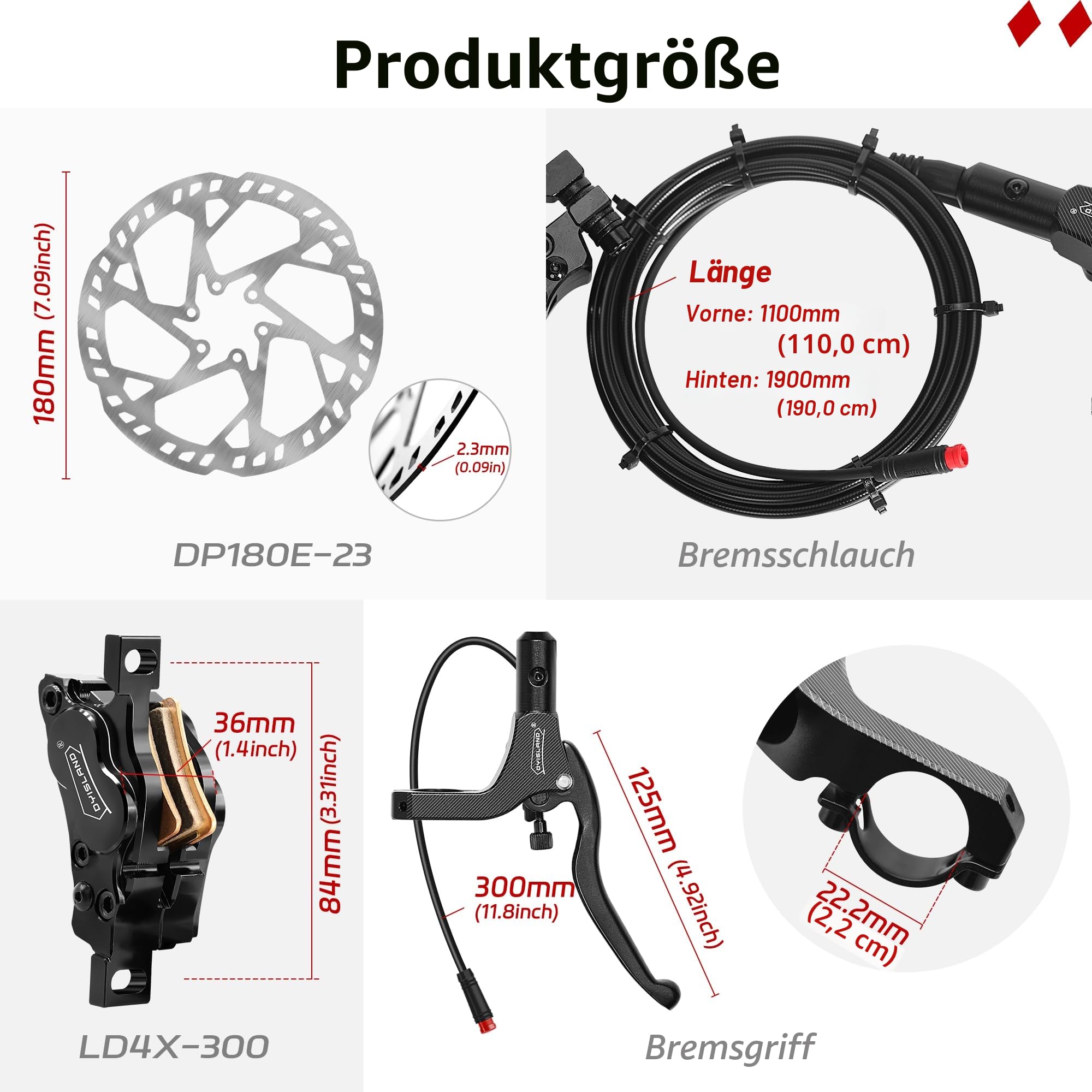 E-Bike Hydraulisches Scheibenbremsen Set 4-Kolben/2-Kolben, 2-pin/3-pin Vorinstallierter Mineralöl-Bremsensatz, Mit 2 Stück 180mm Rotoren