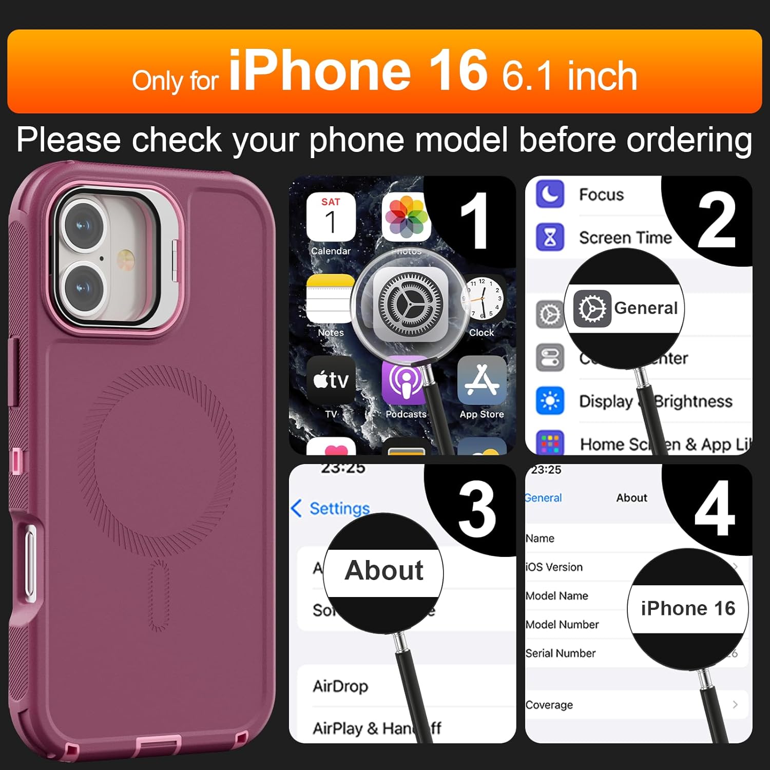 for iPhone 16 Case with Stand & Built-in Camera Cover, MagSafe Compatible, Heavy-Duty Shockproof Protection, Magnetic & Rugged Phone Cover for iPhone 16 6.1'', Purple-Pink - Image 2