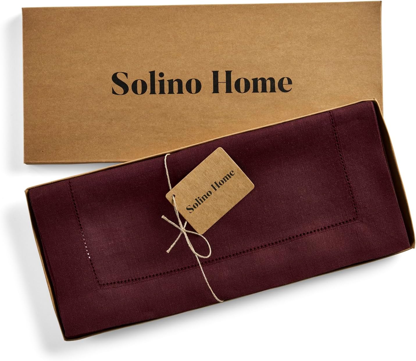 Solino Home Linen Burgundy Table Runner 72 Inches Long - 100% Pure Linen Hemstitch Table Runner 14 x 72 Inch for Dresser, Dining, Winter, Mothers Day - Classic Hemstitch