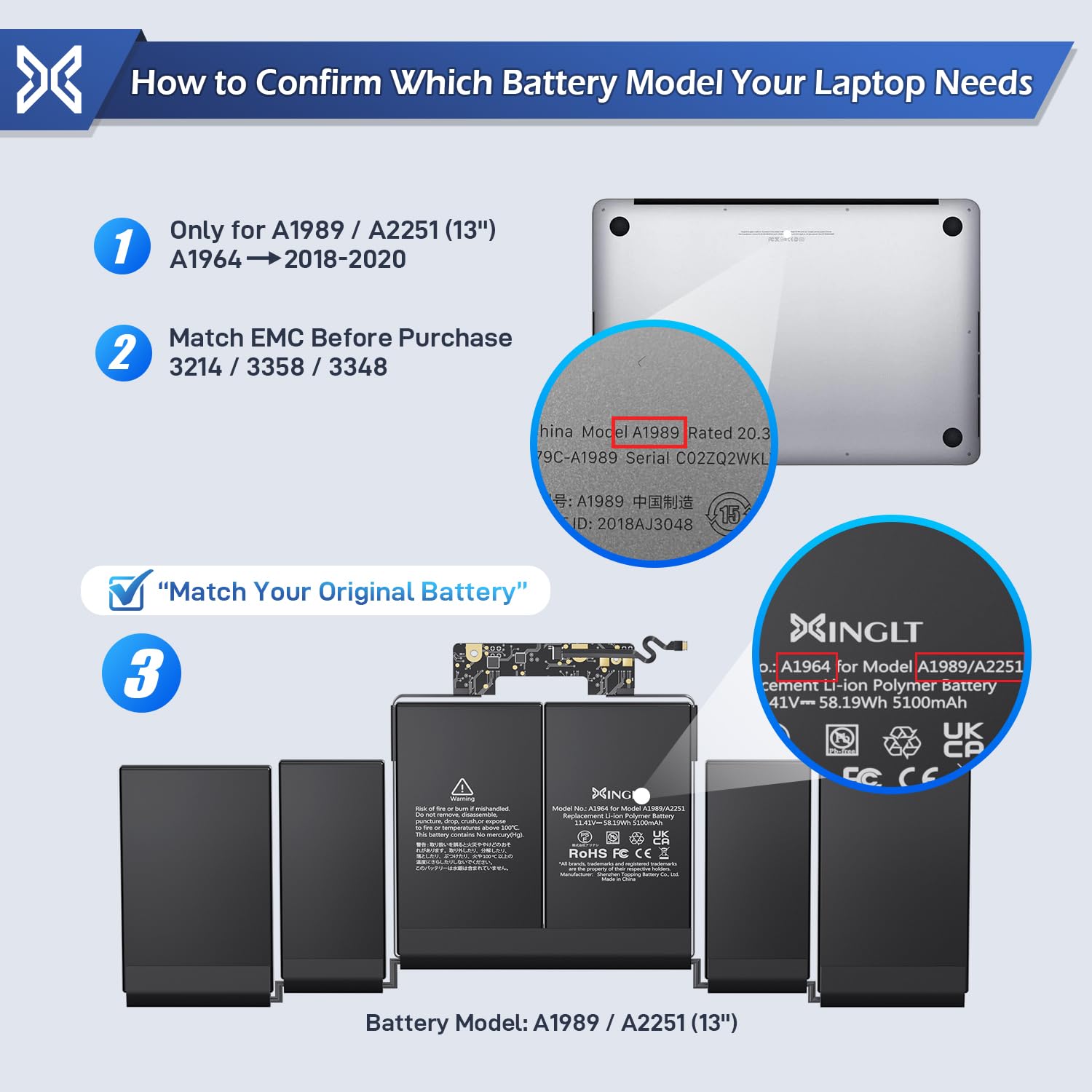XINGLT A1989 Battery Replacement for 13-Inch MacBook Pro A2251