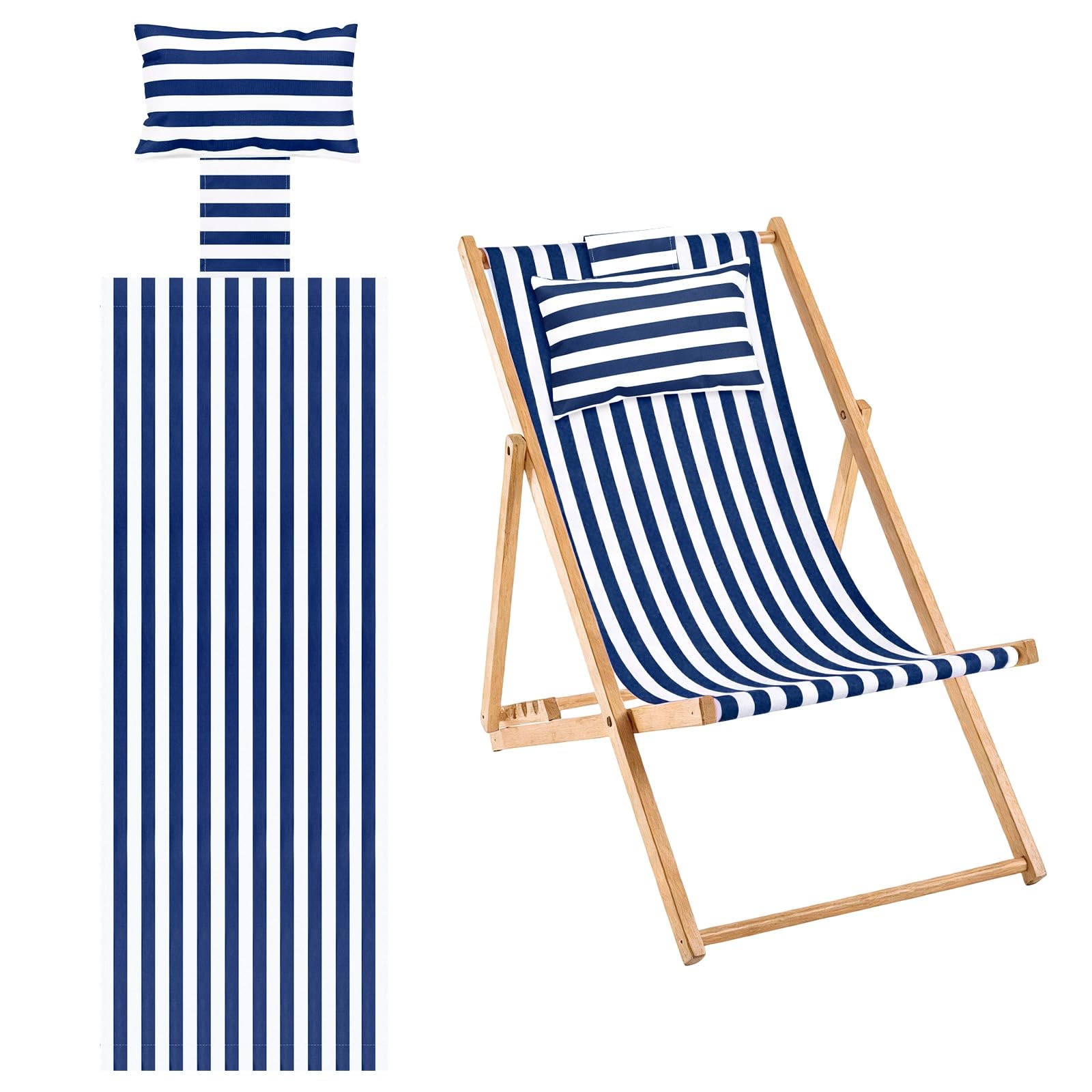 Photo 1 of M METERXITY Beach Sling Chair Replacement Canvas, 16x44.5 Inch Folding Lounge Chair Fabric with Pillow for Beach/Sunbathing/Courtyard/Garden [Pinstripe Dark Blue, Only Replacement]