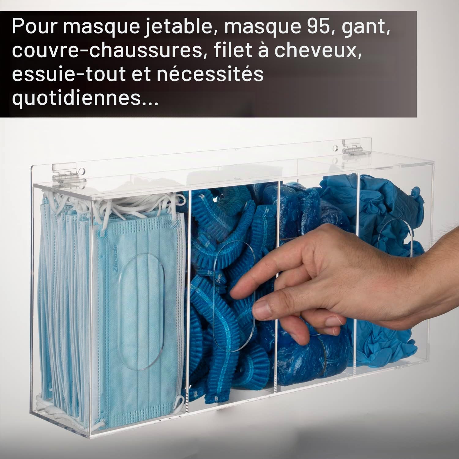 Distributeur de filet à cheveux et couvre-chaussures jetables en acrylique - 4 conteneurs de rangement en plastique transparent - Support mural pour organiser d'assainissement - Laboratoire
