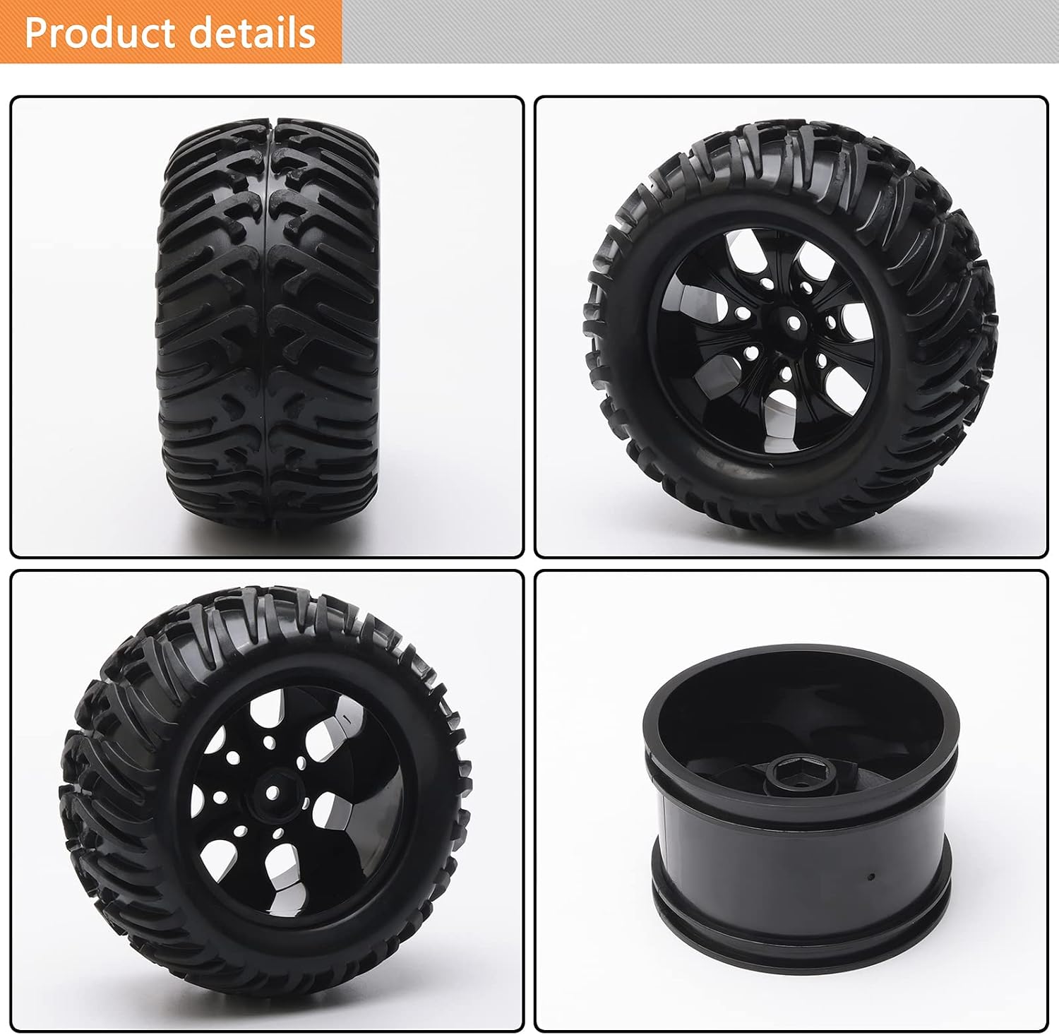 1/10 Monster Truck Tires & Wheels - 5" 128mm Off-Road RC Tires with 12mm Hex 7-Spoke Black Rims, Compatible with Traxxas Stampede, Arrma Granite, Redcat, HSP, Exceed RC - 4PCs Unmounted Set