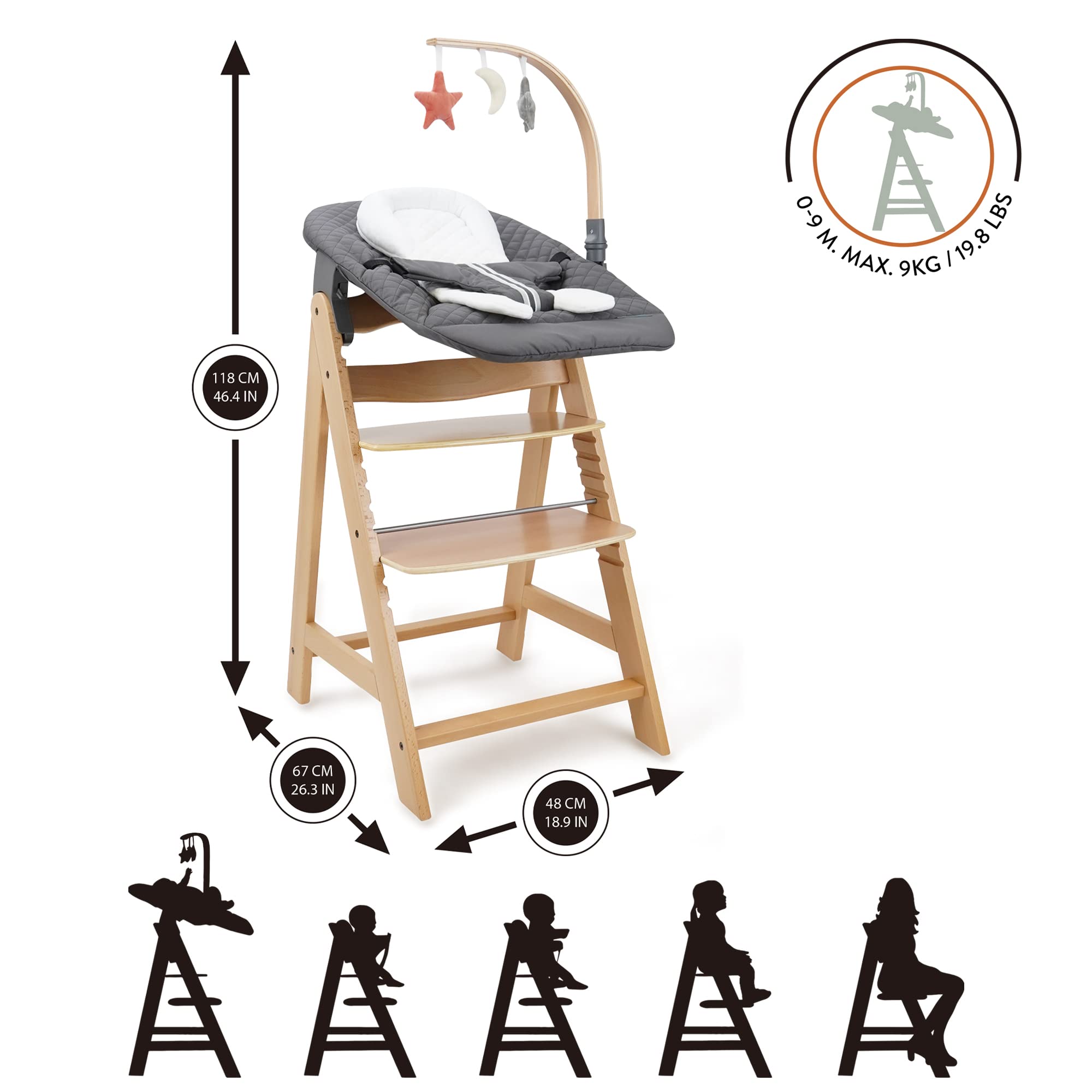 509 Crew SKY Set per la crescita del seggiolone in legno dalla nascita +, include sdraietta 2in1 SKY e cuscino per seggiolone, colore antracite naturale