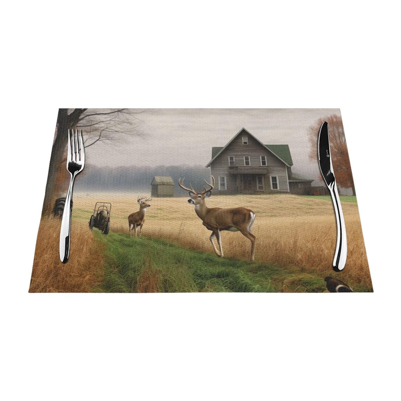 Farm with Deer Printed PVC Placemat 6 PCS for Kitchen Dining Table Heat-resistand Washable Table Mats 18x12 in