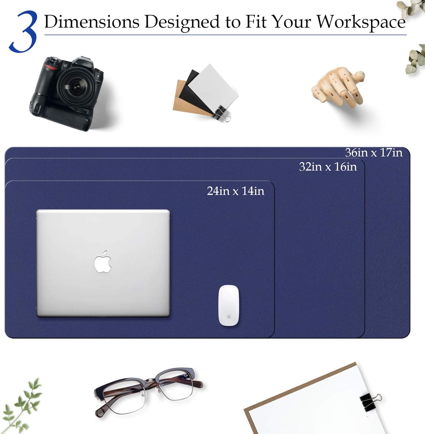 TOWWI PU Leather Desk Pad with Suede Base, Multi-Color Non-Slip Mouse Pad, 36” x 17” Waterproof Desk Writing Mat, Large Desk Blotter Protector (Dark Blue)