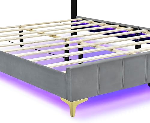 Miniatura 163 de Base de cama flotante tamaño Queen con luces LED y carga USB, marco de cama LED de plataforma tapizada moderna, no necesita somier (blanco-1)