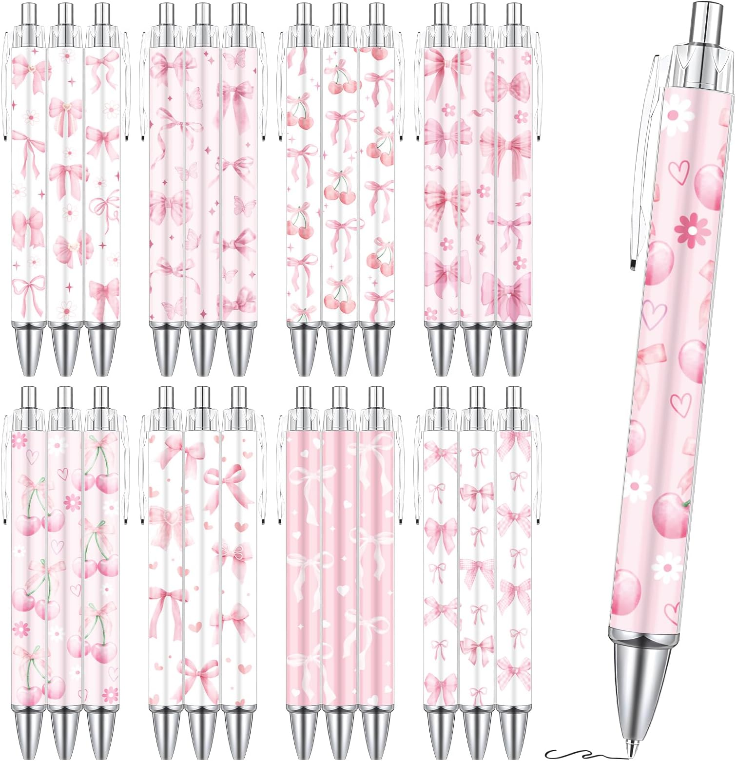 Coquete Bows Ballpoint Pens - 24PCS Pink Ribbon Bows Pens Set Cute Cherries Smooth Writing Pens Retractable Pink Conquette Bow Pen for Office Stationery School Supplies for Women Teacher Gifts
