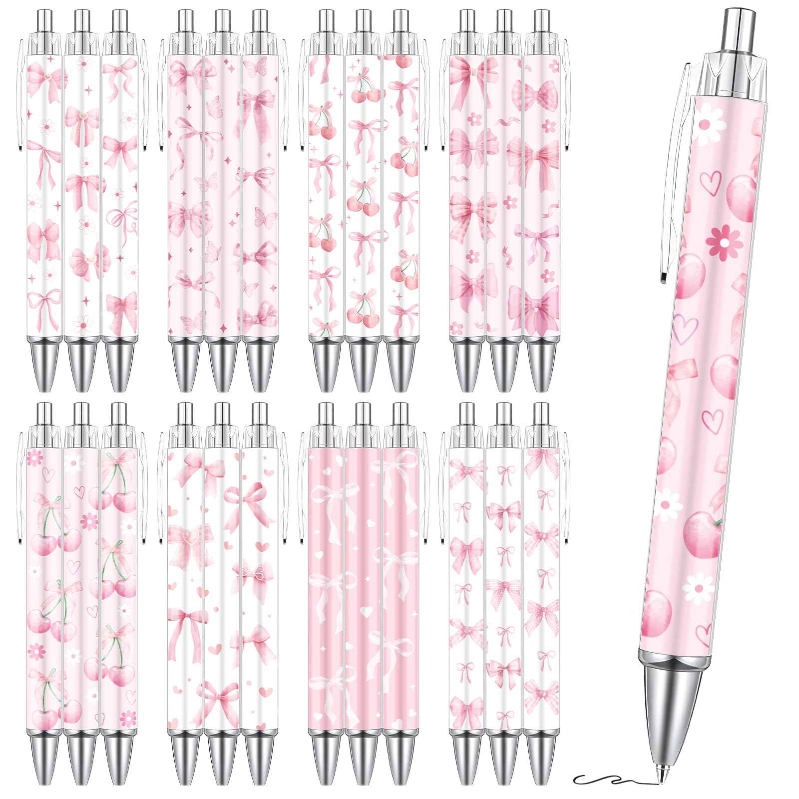 Coquete Bows Ballpoint Pens - 24PCS Pink Ribbon Bows Pens Set Cute Cherries Smooth Writing Pens Retractable Pink Conquette Bow Pen for Office Stationery School Supplies for Women Teacher Gifts
