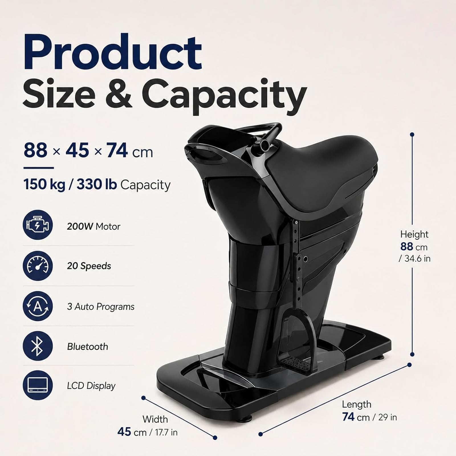 Máquina De Equitación Eléctrica, 200 W, Simulador De Equitación 3D para Interiores, Capacidad De 150 Kg, con Función Bluetooth, 20 Velocidades, Monitor De Calorías, Equipo De Fitness.