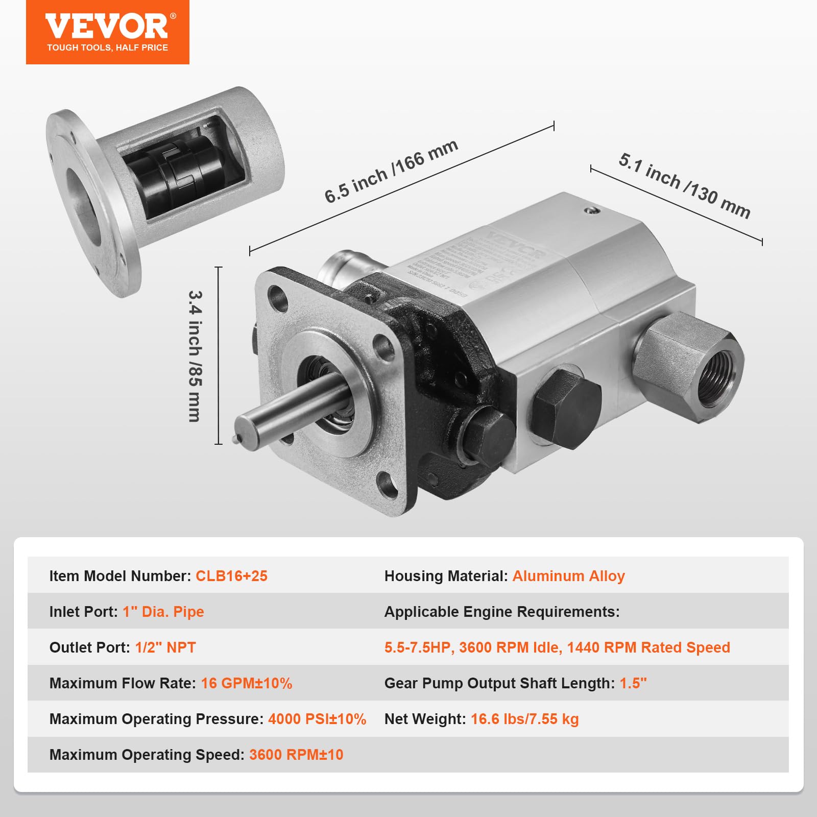 VEVOR Kit pompa idraulica per spaccalegna 16 GPM pompa ad ingranaggi idraulica in alluminio a 2 stadi 4000 PSI, con valvola di ingresso 1", uscita NPT 1/2" 3600 giri/min, per piccolo motore