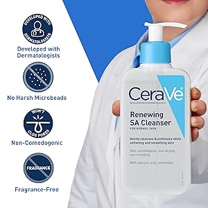CeraVe Renewing Salicylic Acid Cleanser, Formulated With Hyaluronic Acid, Niacinamide, & Ceramides, Gentle BHA Exfoliating Face Wash Smooths & Softens Skin, Non Comedogenic & Fragrance Free, 16 Ounce