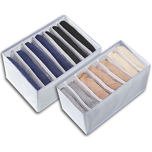 Wardrobe Clothes Organizer for Folded Clothes, Pants Organizer, Jeans Leggings 7 Compartments Foldable And Washable Storage Box, Built in PP Board, No Deformation, Large Space, 2 Sizes (White)