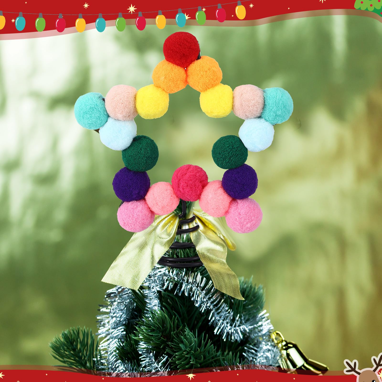 RoundFunny Regenbogen-Filzkugel-Stern, Weihnachtsbaumspitze, bunte Bommel, Filzkugel, Weihnachtsbaumspitze, bunt, fünfzackiger Stern, Weihnachtsdekoration zur Dekoration (12,9 x 15,9 cm)