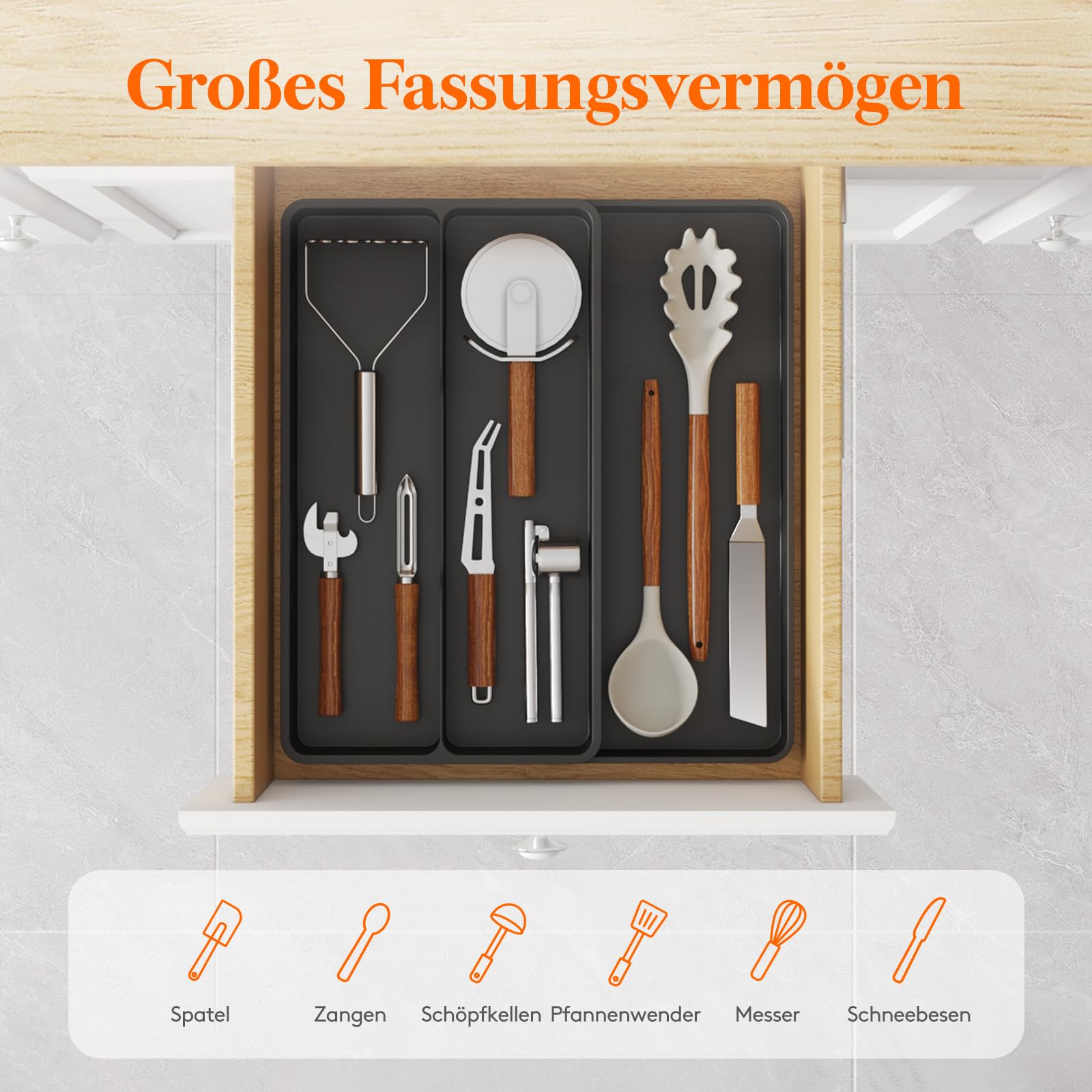 Lifewit Besteckkasten für Schubladen, Küchenutensilienhalter erweiterbar auf 36,5 cm, Schmale Schubladen Organizer Küche Tiefe 40 cm, Kunststoff Utensilienständer für Spatel/Messer/Löffel, Schwarz