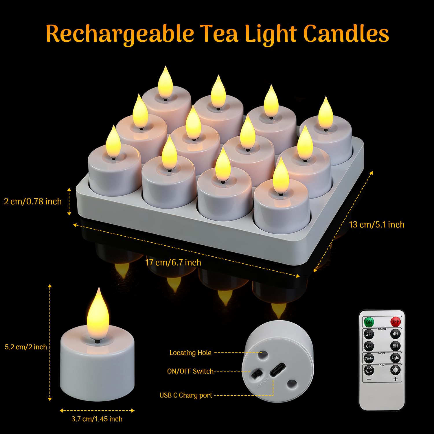 Lacasa Candele LED Ricaricabili con Telecomando, 12 Tea Light Senza Fiamma con Base USB-C, Effetto Tremolante Realistico, Timer e Luce Calda per Natale, Matrimonio e Casa