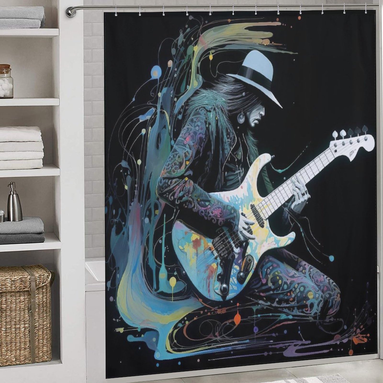 Rideau de douche guitares pour salle de bain au style rock et moderne