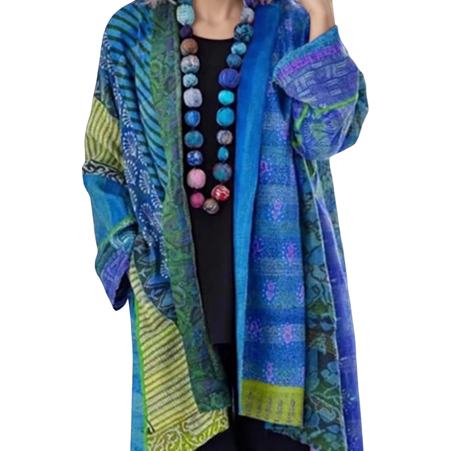 Womens Boho Ethnic Print Patchwork Open Front Cardigan Loose Long Sleeve Color Block Jacket Coat with Pockets