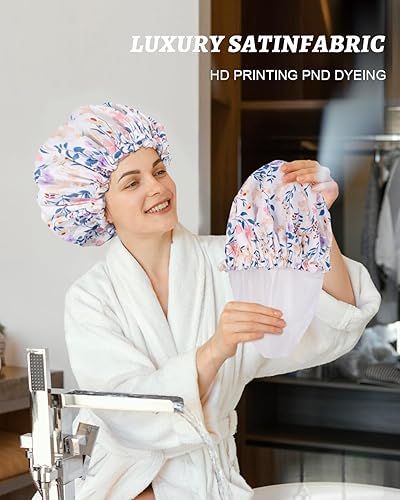 Miniatura 5 de Aquior Gorro de ducha impermeable de doble capa para mujer, gorro de ducha grande reutilizable para todas las longitudes de cabello con forro de