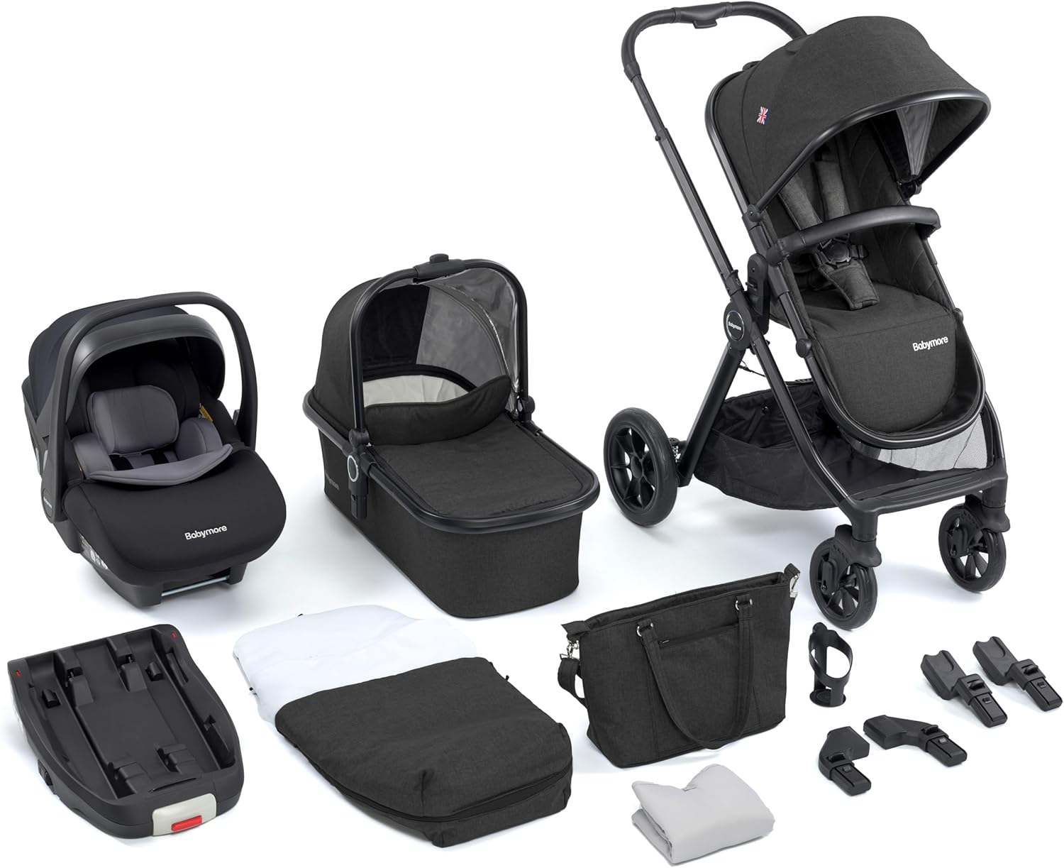 Babymore Memore V2 Travel System 13 Piece Black 3in1 Pram Travel