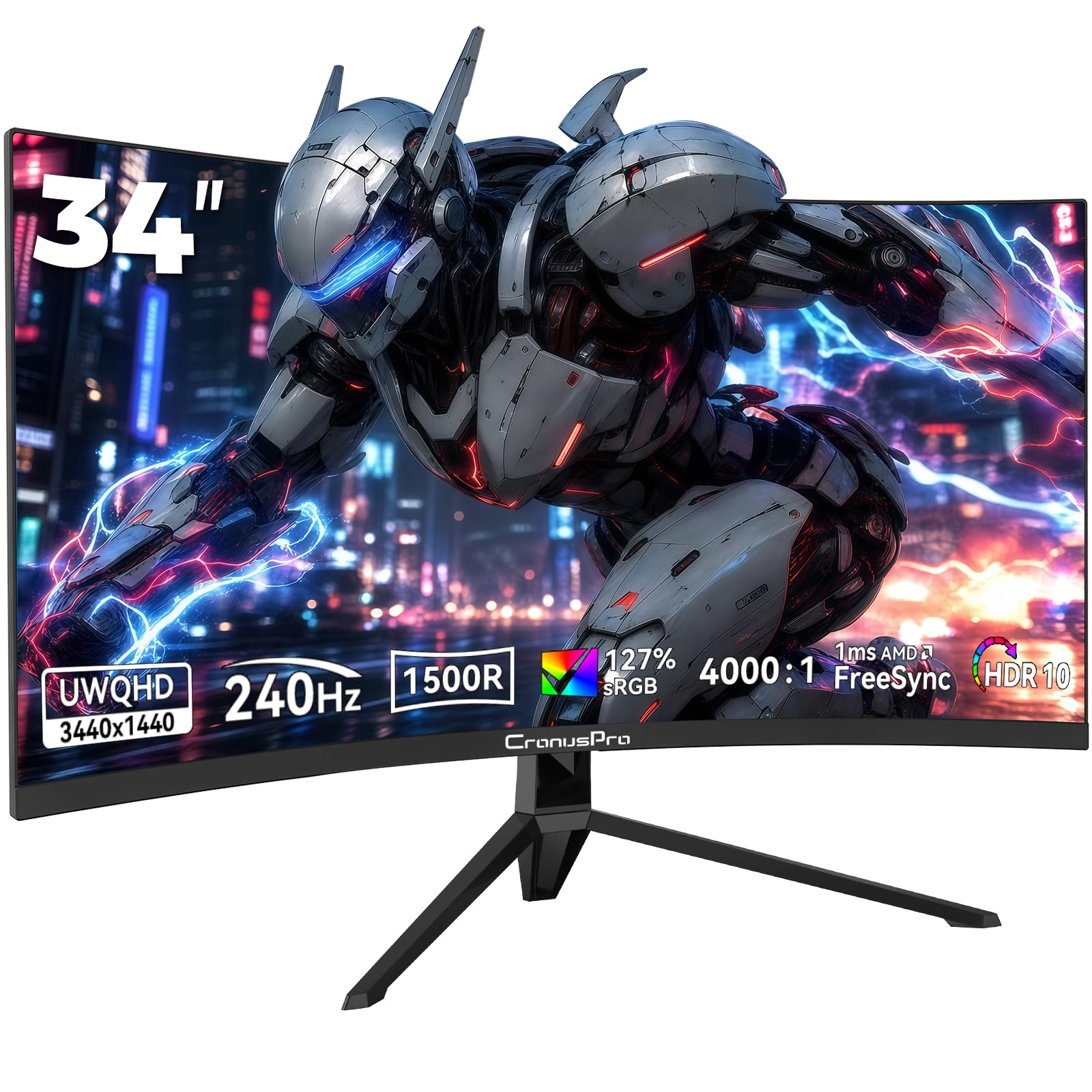 CronusPro 34 Zoll Ultrawide 240Hz Curved Gaming Monitor, UWQHD (3440 x 1440) 1ms MPRT, AMD FreeSync, 21:9, 4000:1, 127% sRGB, 1500R, HDR10, HDMI2.1/DP1.4, VESA Mount 100x100mm, PC Bildschirm Schwarz