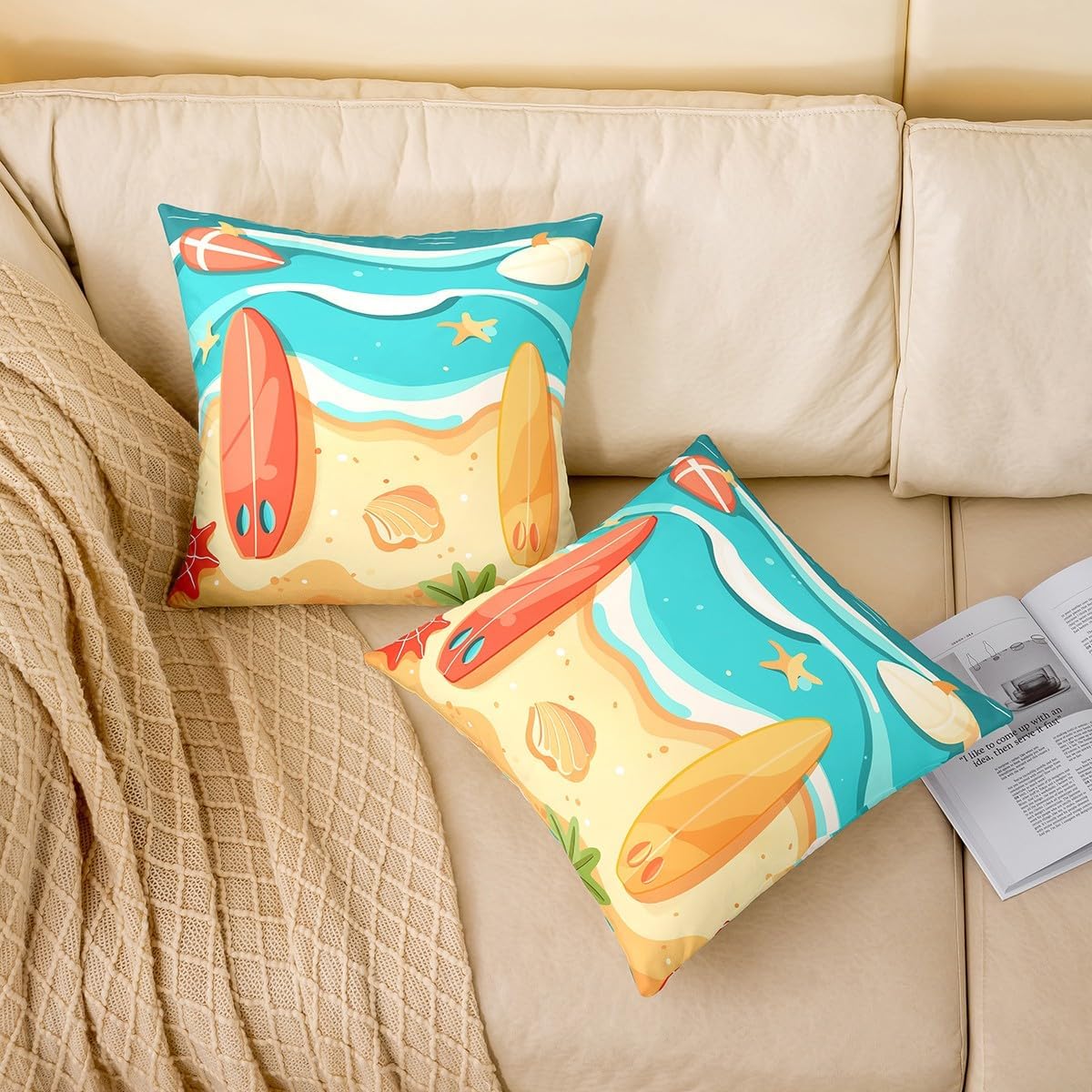 Erosebridal Cartoon Surfboard Throw Pillow Covers Pack of 2 for Kids Boys Girls,Starfish Seashell Pillow Covers,Summer Beach Cushion Covers,Marine Theme Decorative Accent Pillow Cases 24x24 Inch