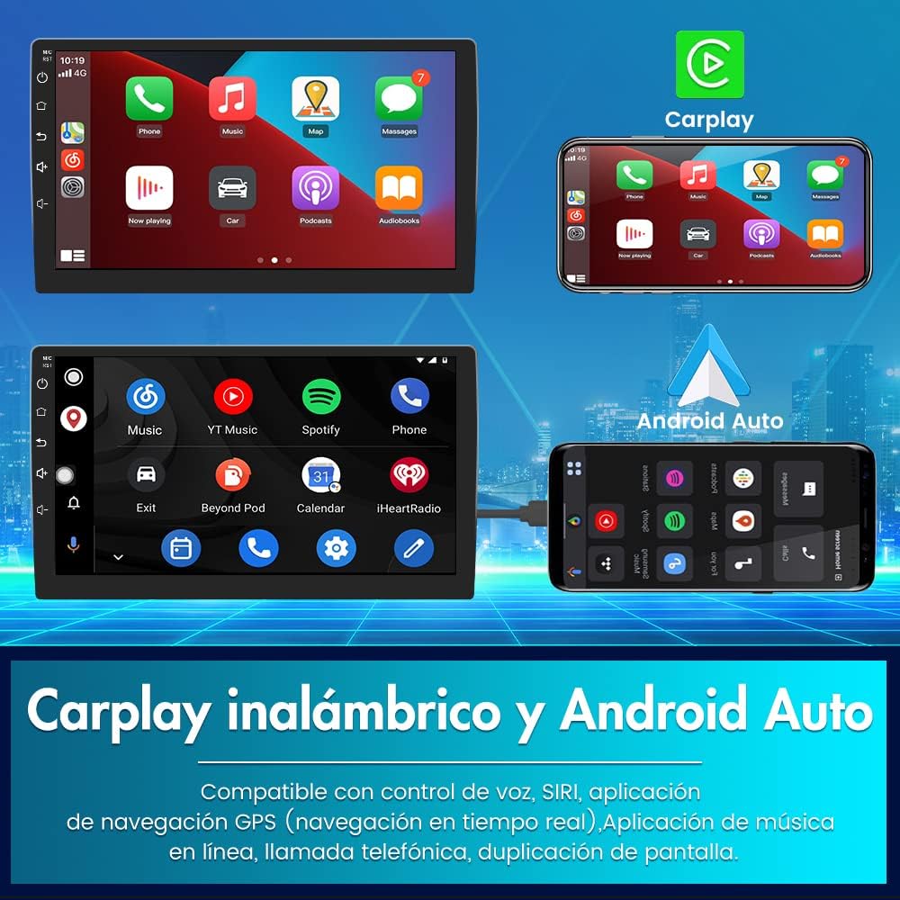 CarPlay and Android Auto interfaces displayed on the car radio and a smartphone