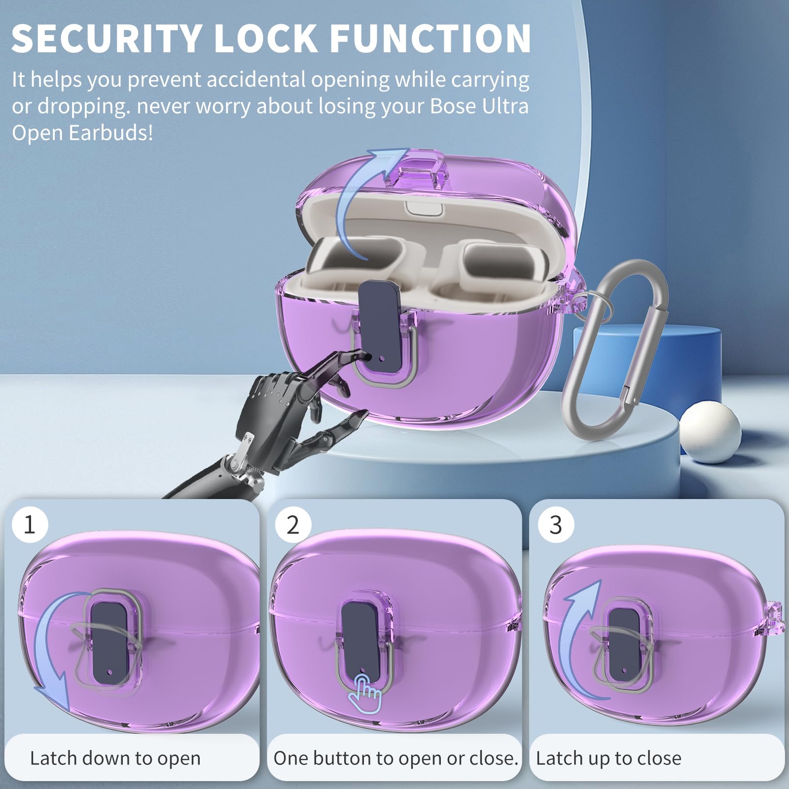 [Bloqueo seguro] TUDIOW para auriculares Bose Ultra Open (2024), funda protectora de TPU transparente a prueba de golpes para auriculares inalámbricos Bose Open Ear con cordón y llavero (morado
