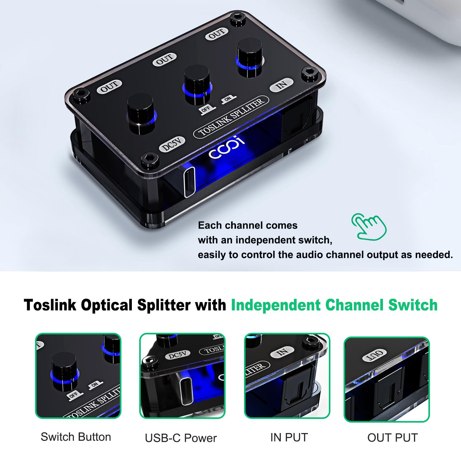 cooidea Digital Optical Audio Splitter 1 in 3 Out SPDIF Toslink Optical Splitter with Independent Channel Switch, Support Up to 192k/24Bit Compatible with LPCM2.0/DTS/Dolby-AC3 5.1 Channels