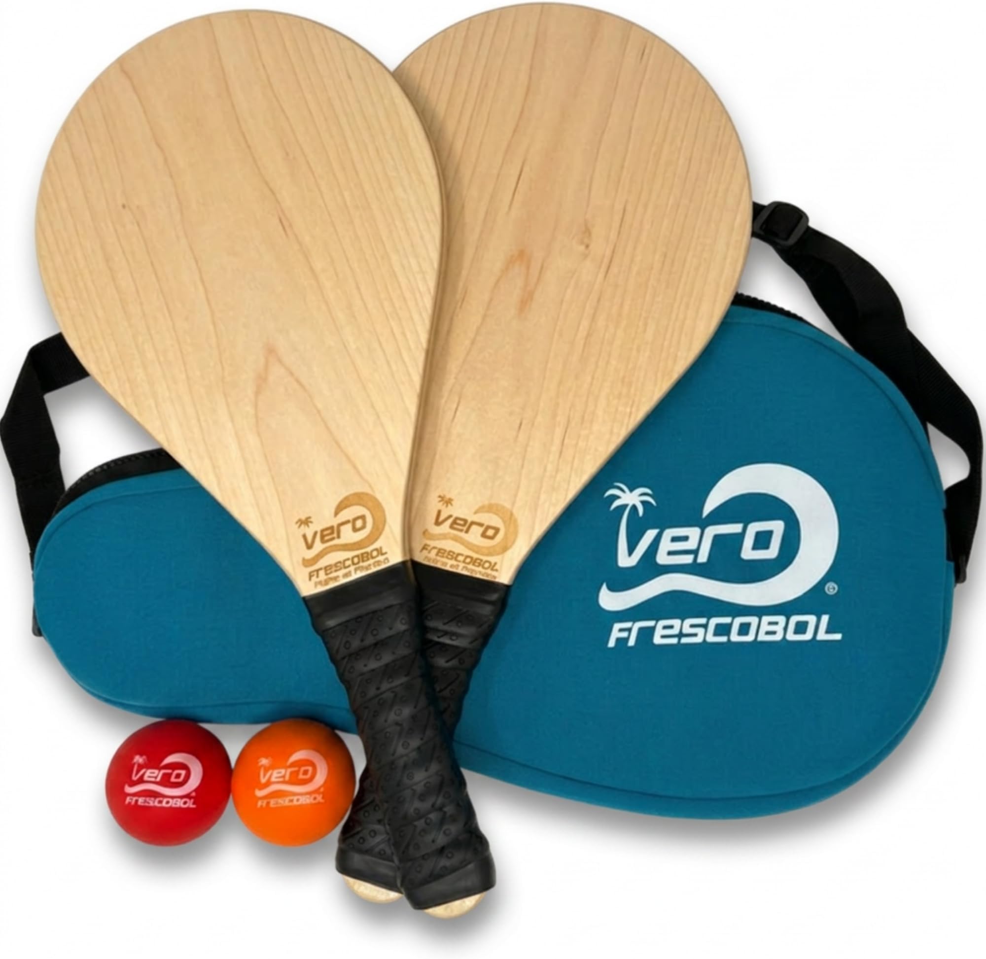 Vero American Birch Wood Frescobol Paddles Wrapped with Premium Padded Grips, Official Red & Orange Balls, Neoprene Protective Beach Bag. Made in USA.