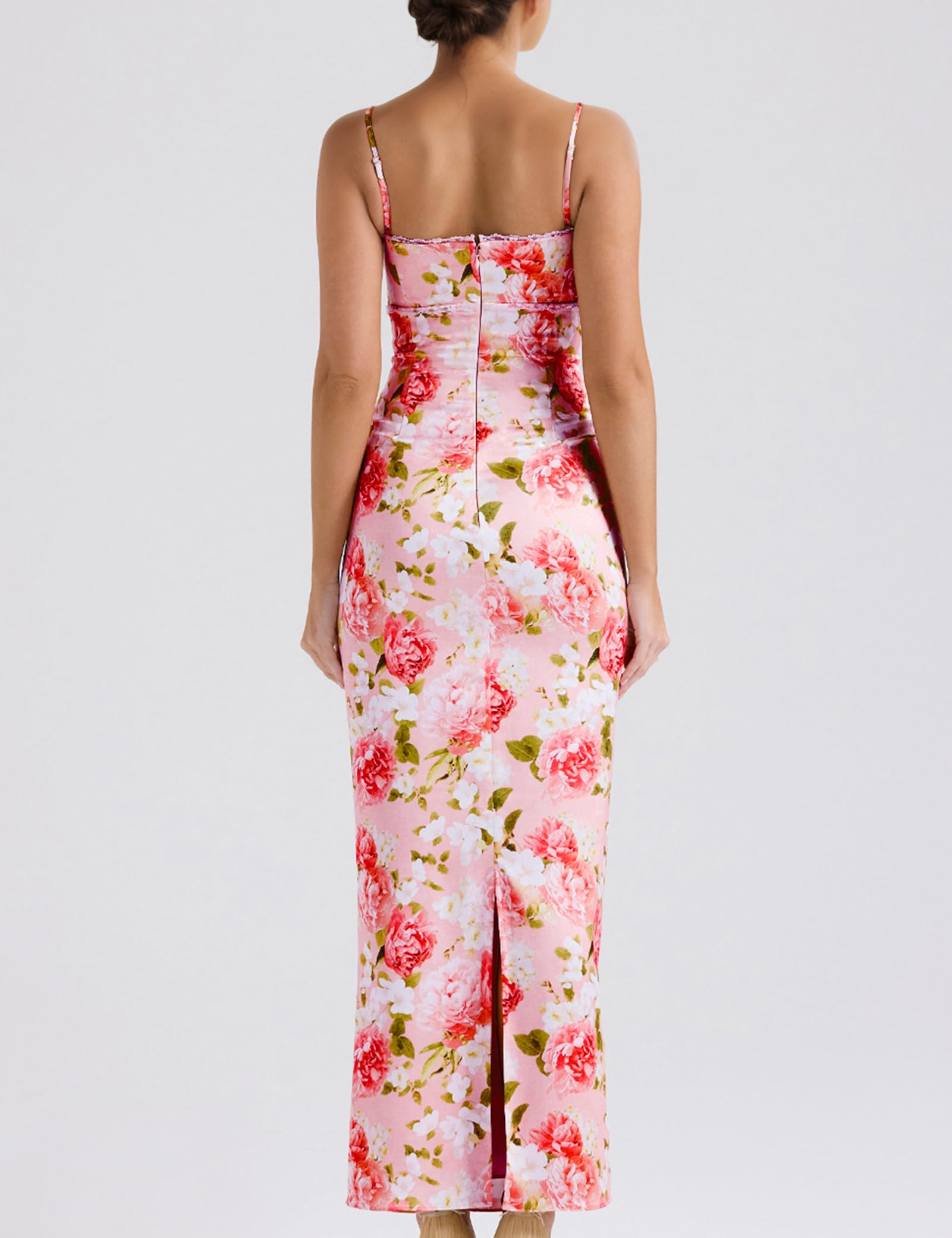 Women Sexy Backless Satin Maxi Dresses Spaghetti Strap Floral Print Dresses Slim Fit Elegant Long Dresses Night Party Outfits