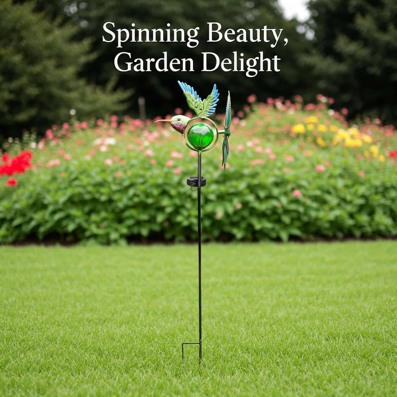 Solar Hummingbird Wind Spinner, 49.1 in Decorative Garden Stake Light, Outdoor Kinetic Windmill with Crackle Glass, Dual Rotors for Patio, Lawn, Yard Decor