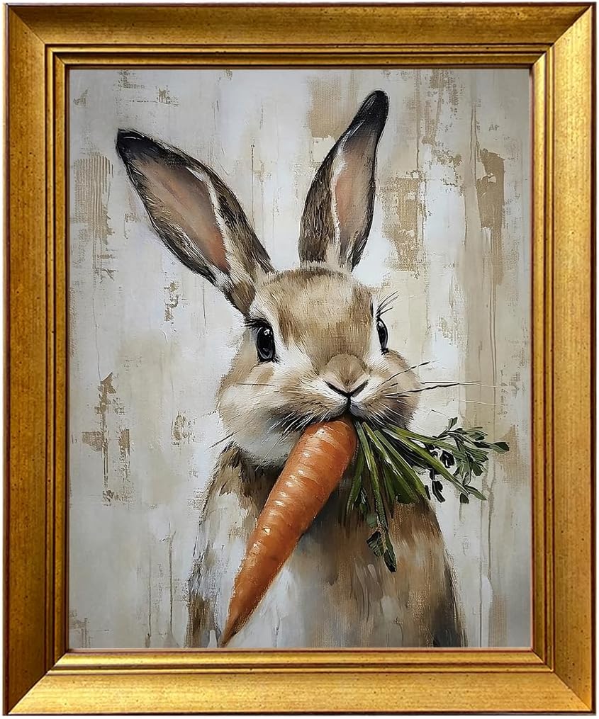 Gold Framed Vintage Easter Canvas Print Nursery Decor Rabbit Carrot Oil Painting Spring Bunny Wall Art Rustic Farmhouse Picture Wall Decor for Kids Room