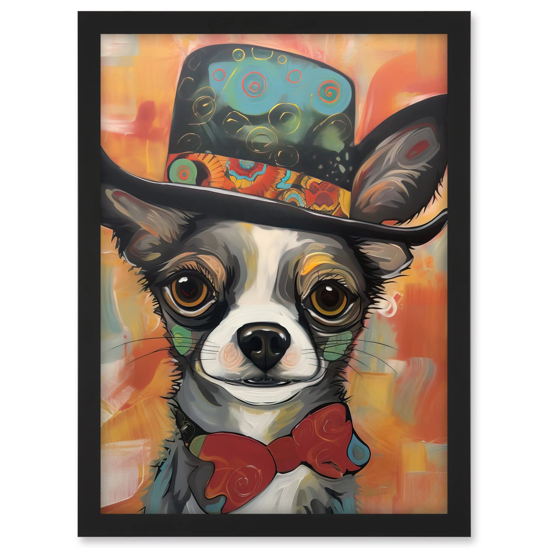 Artery8 Chihuahua Dog Top Hat and Bowtie Modern Folk Art Artwork Framed A3 Wall Art Print