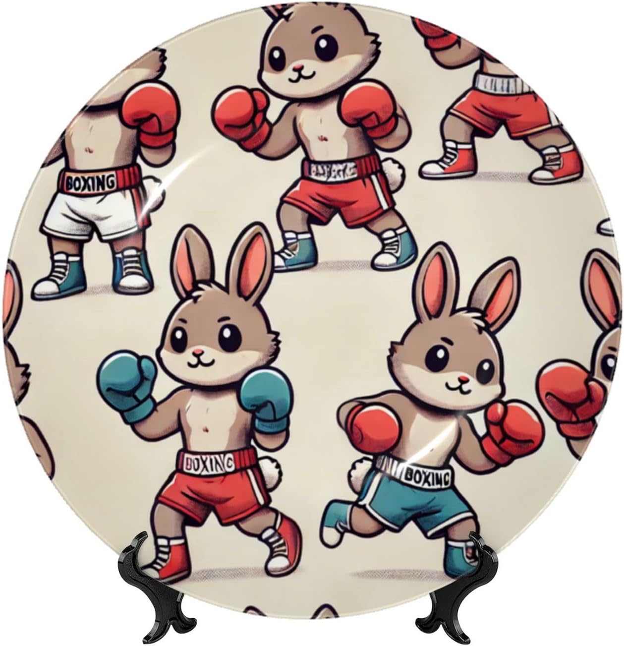 Boxing-Rabbits 10 Inch Decorative Plate With Stand, Elegant Display Wall Plate For Home Decor
