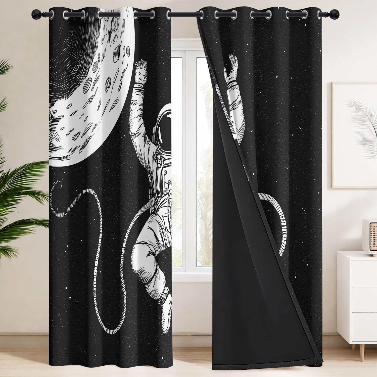 Tende Oscuranti Termiche e Isolanti Tuta Astronauta Luna Spazio - Tende da Interno 135 x 200 CM | Set di 2 Pannelli Stile Sci-Fi Hardcore Linea Spazio per Sala gaming geek, camera ragazzo, studio