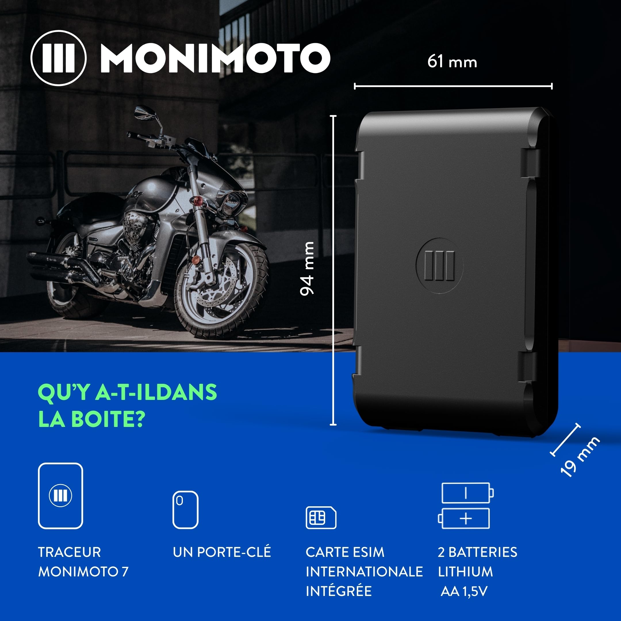 MoniMoto 7 - Tracker GPS Moto & Alarme Connectée, Installation Antivol Étanche sans Fil - Traceur GPS Voiture, Moto, Scooter, Poids Lourd, Camping Car