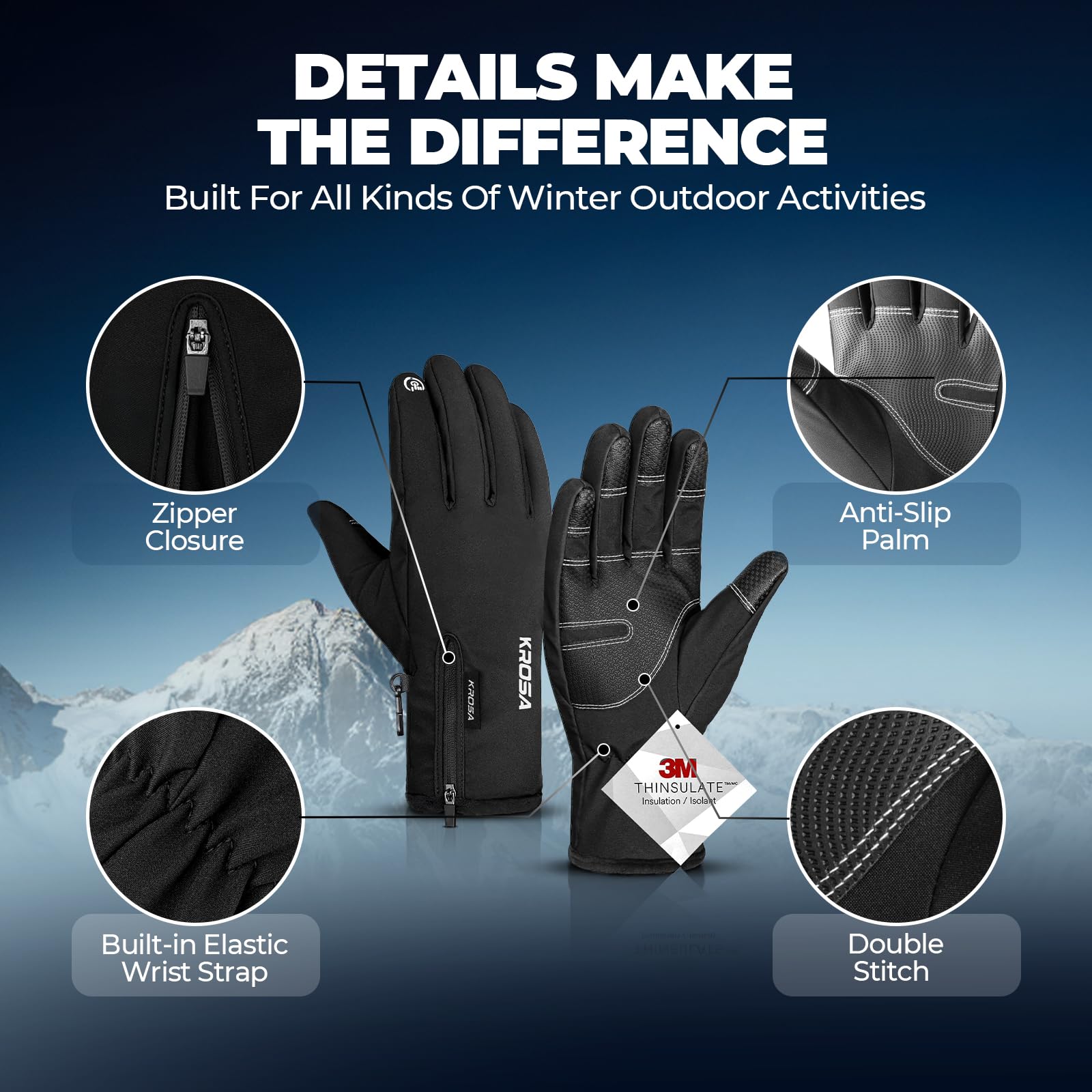 krosa 5-Layer Winter Gloves for Men & Women Made with 3M Thinsulate, -20℉ Waterproof Gloves for Cold Weather, Snow Ski Gloves with 10 Touchscreen Fingers