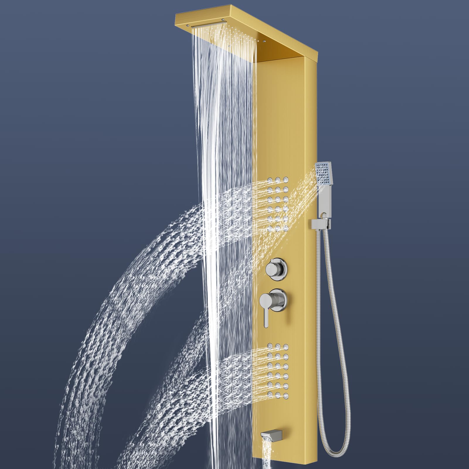 Sistema Pannello Doccia, 5 Modalità Doccia, colonna Dorato, effetto pioggia, doccetta a mano, massaggio, cascata
