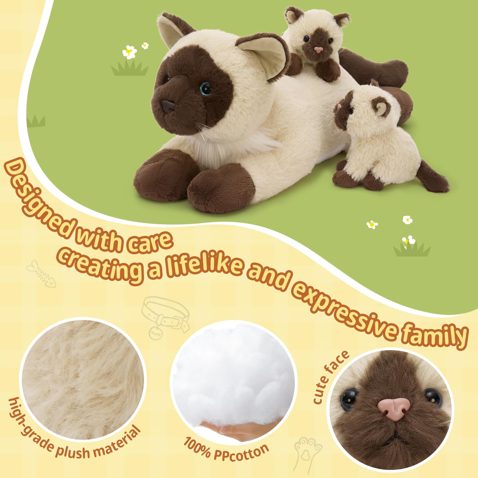 MorisMos Grande Siameso Gato Peluche Juguete Suave, 48cm Mamá Gato con 4 Bebé Acolchoso Dentro, Realista Siameso Animal Relleno Peluche Acolchoso, Kawaii Regalos para NiñOs CumpleañOs Fiesta Deco