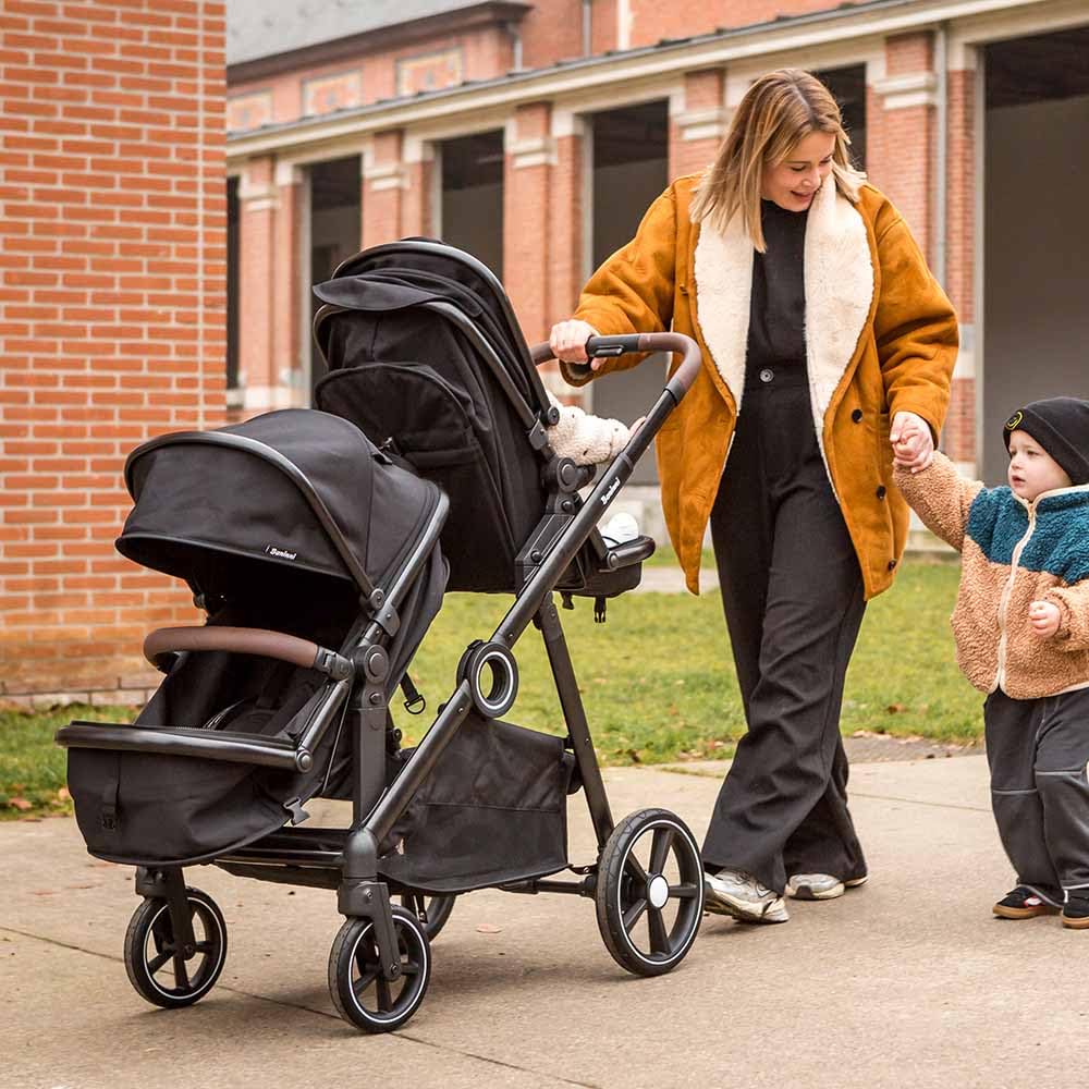 Baninni Luiz XL Poussette Double Compacte – Solution Innovante Sièges Extra Larges- Pour Jumeaux ou Enfants Rapprochés - Assises convertible en nacelle,Dossiers Inclinables, Roues PU- dès la Naissance
