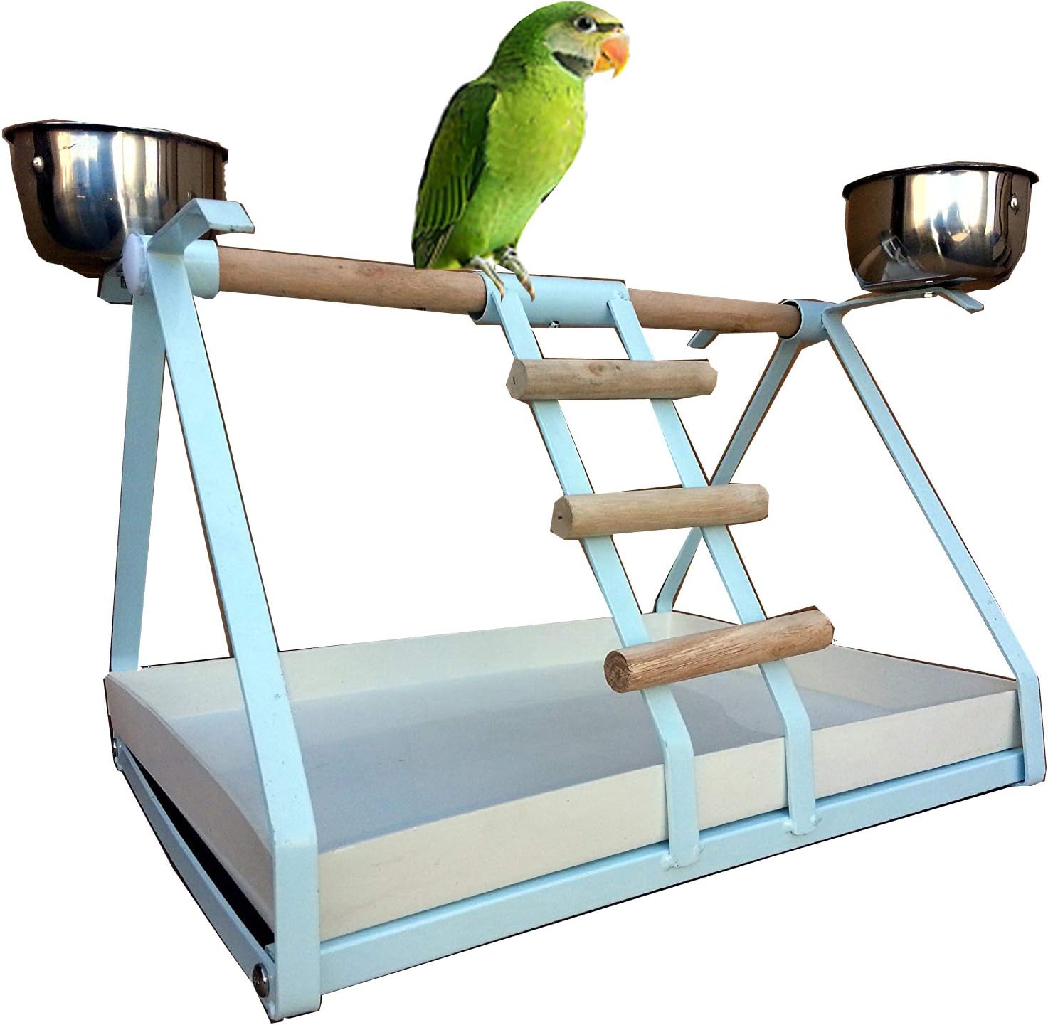 New Metal PLAYSTAND Play Gym with Stainless Steel Cups, Wood Perches and Tray for Small Parrot