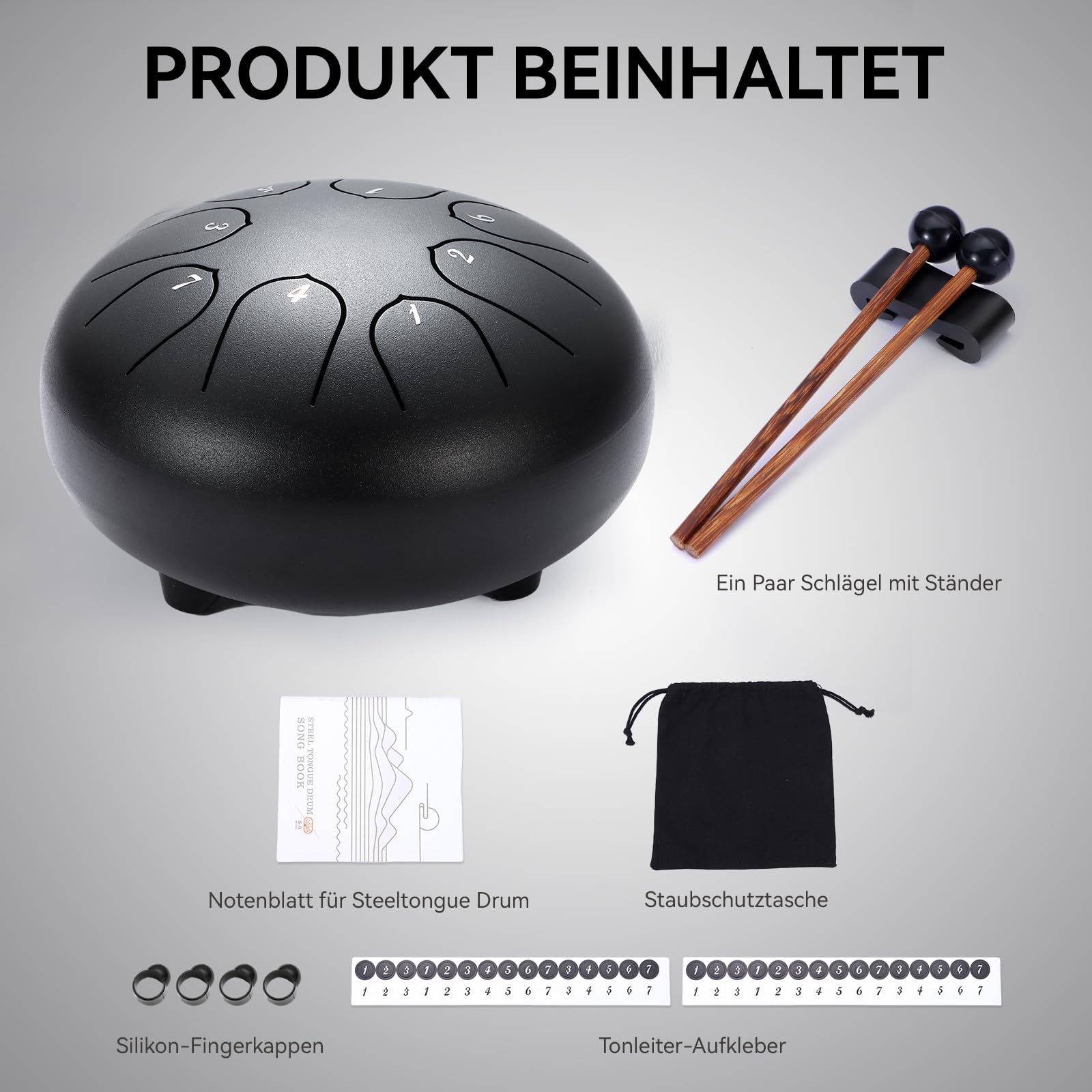 Zungentrommel 6 Zoll 8 Tone | Steel Tongue Drum | Handpan für Meditation & Entspannung, Yoga, Familienaktivitäten | Garden Regen Trommel Instrument(Schwarz)