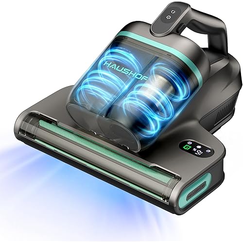 HAUSHOF Cordless Mattress Vacuum Cleaner, Bed Vacuum Cleaner with 275nm UVC Light, 17kPa, 140°F Heat, H12 HEPA Filter, 16.9oz Dual Cup, Vacuum for Couch, Bed, Furniture, Mattress Cleaning
